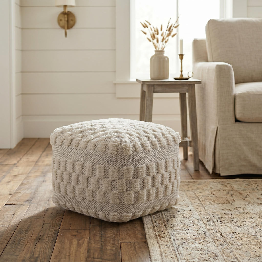 LR Home Cream Tufted Checkered Geometric Pouf