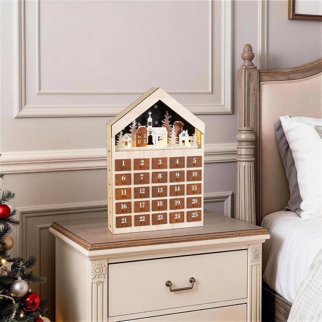 15.75"H Christmas Lighted Wooden Village Advent Calendar,Christmas Countdown Calendar with Drawers,Winter Village