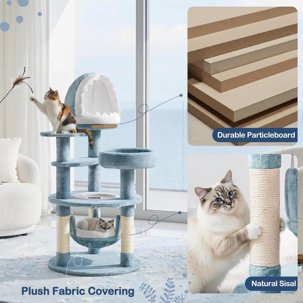 Cute Shark Cat Tree for Kittens, Multi-Level Small Blue Tower