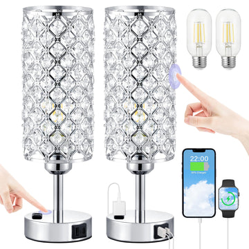 Silver Crystal Lamps Set of 2, 3-Way Dimmable Touch Lamps for Nightstand