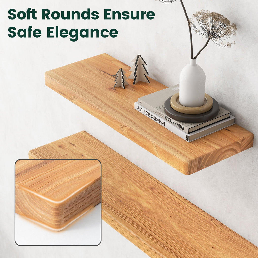 55in Solid Elm Wood Floating Shelves for Wall, Natural, Set of 1