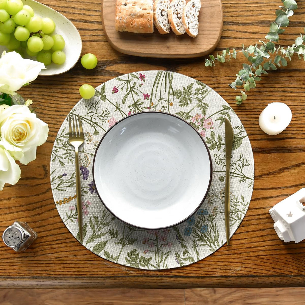Antique Herbs Wild Flowers Spring Round Placemats, 14 Inch Summer Round Table Mats for Dining Decoration - Set of 6
