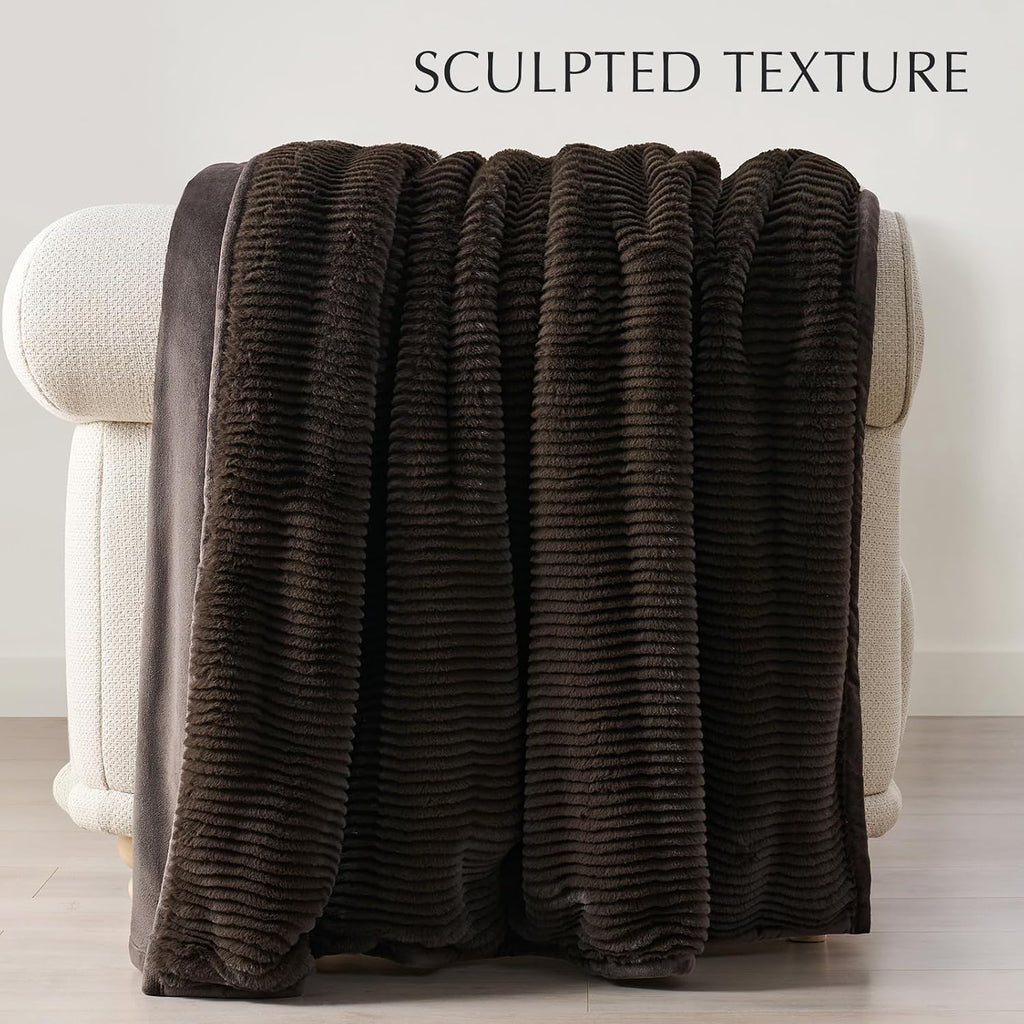 Faux Rabbit Fur Throw Blanket, 50''x60'', Dark Brown | Ultra Soft, Luxury Sculpted Texture Faux Fur Blanket, Fluffy