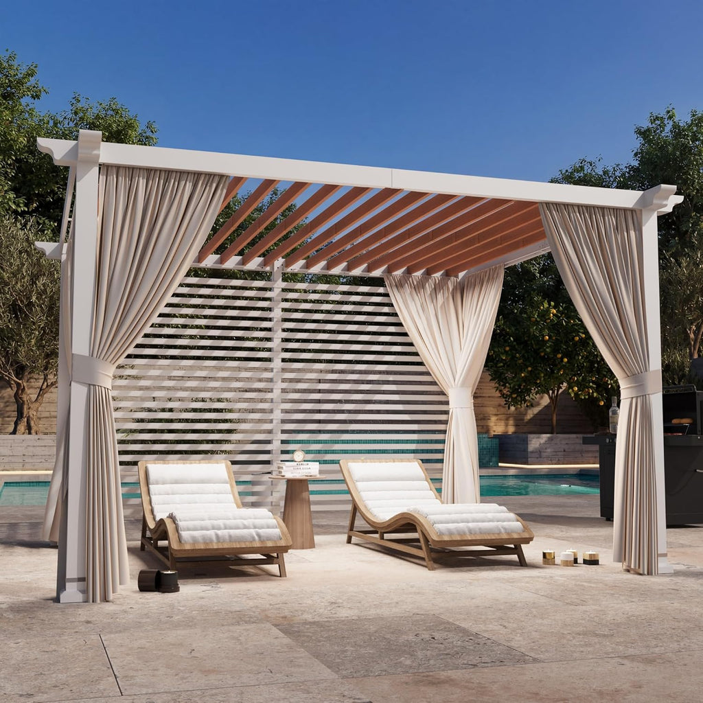 Modern Shade Open Sky 10'x12' Pergola Cabana, Modern Outdoor Pergola with White Privacy Curtains & Back Privacy Wall
