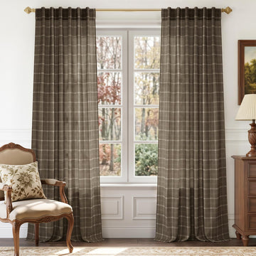 Taupe Fall Plaid Gingham Linen Curtains 84 inch Long