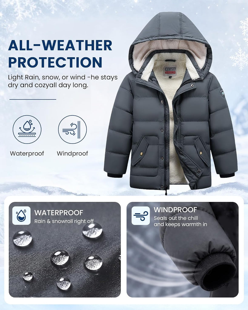 Kids Boy's Winter Coat Fleece Lined Waterproof Jacket Thick Hooded Puffer Cotton Parka Down Outdoor Coats