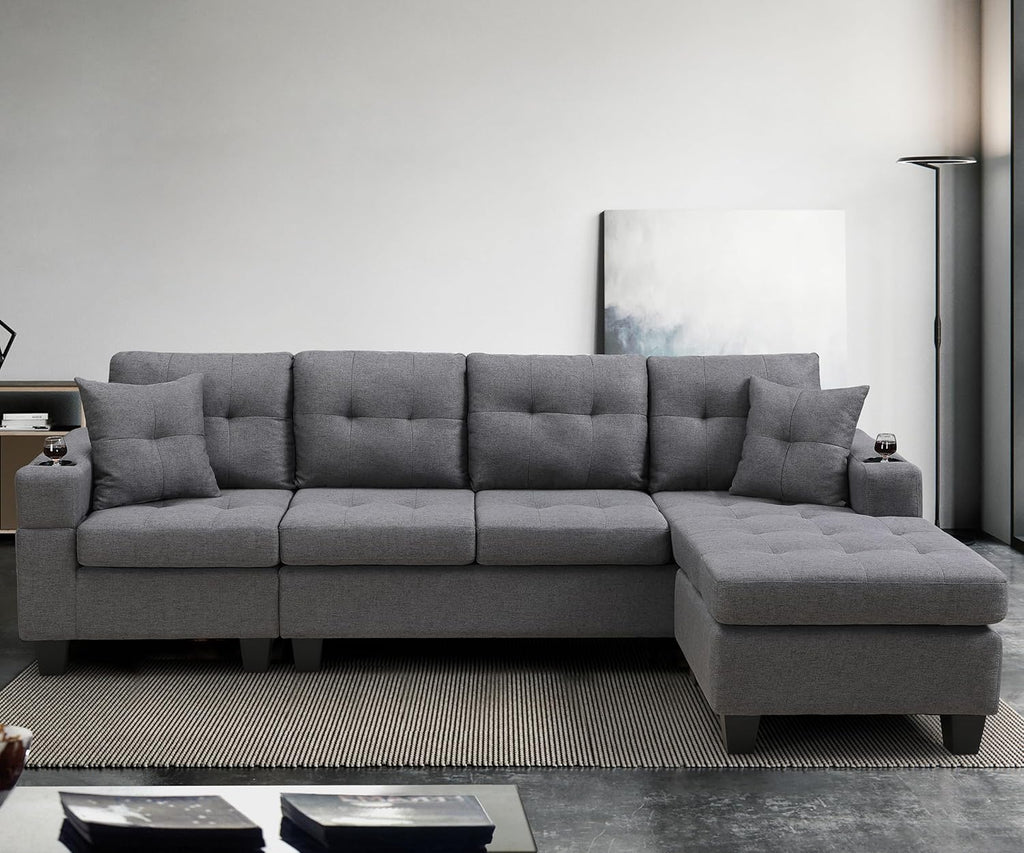 Wakefit Sectional Sofa Couch, Modern 4-Seaters Living Room Furniture Sets with Reversible Chaise Lounge & 2 Pillows |