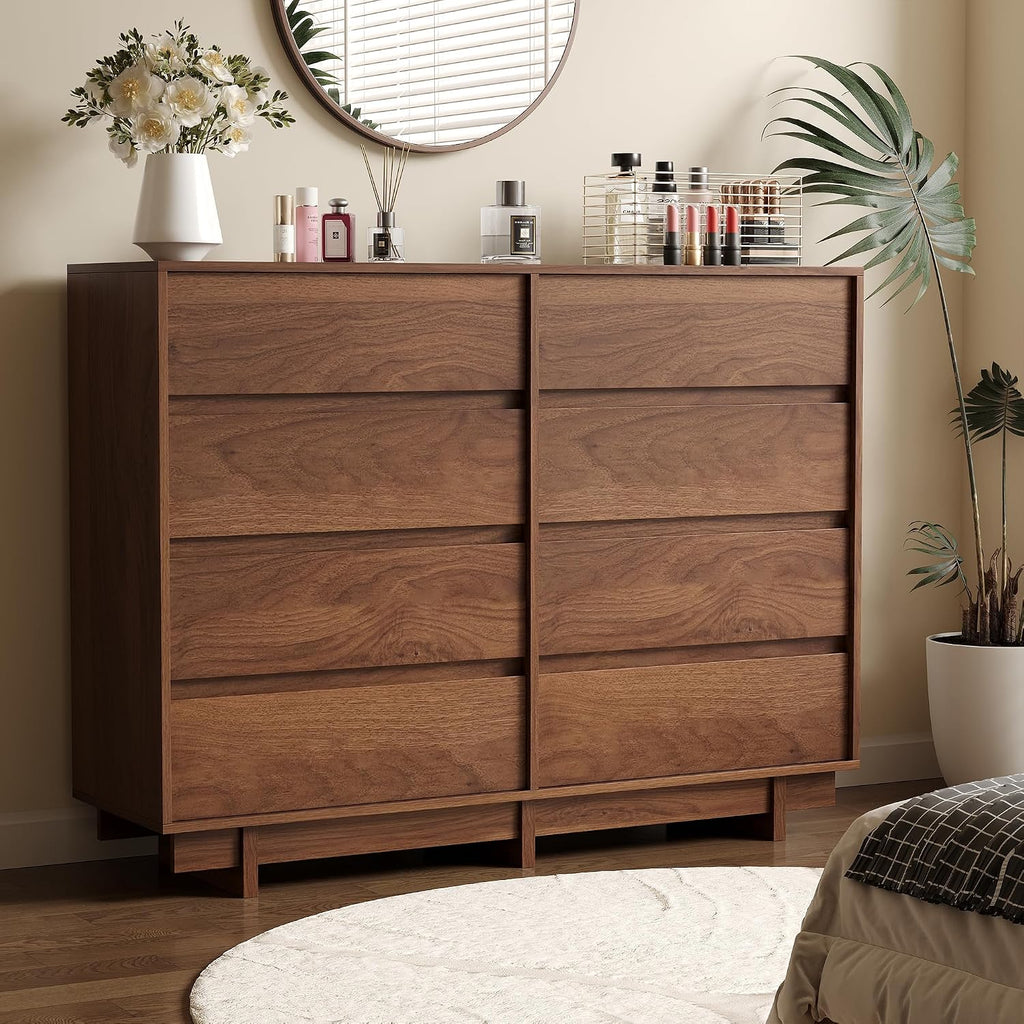Walnut Dresser , 53.1" Wide 8 Drawer Dresser, Mid Century Modern Dressers Chest of Drawers, Wooden Large Dressers