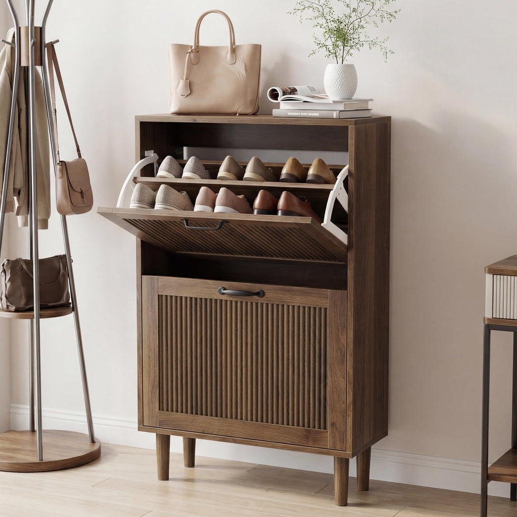 Walnut Shoe Cabinet with 2 Flip Drawers, 23.6" Hidden Shoe Storage Cabinet with Small Fluted Doors, Freestanding Shoe