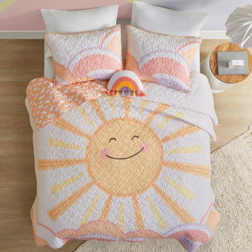 Kids Quilt Bedding Set, Cotton Coverlet Sun Girls Bedding Set Rainbow & Clouds Reversible Dawn Light &