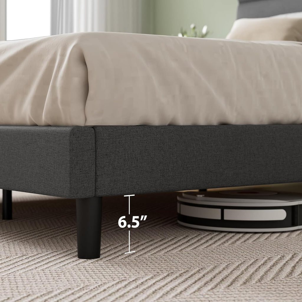 Full Piper Upholstered Platform Bed with Horizontal Paneled Headboard, Wooden Slat Support, No Box Spring Needed