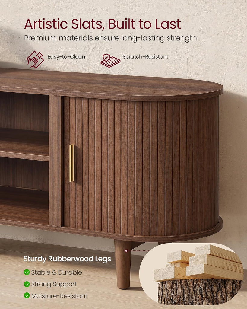 TV Stand for 65-Inch TVs, Mid Century Entertainment Center with Storage, Fluted Sliding Doors, Media Console Table