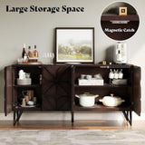 63” Solid Acacia Wood Sideboard Buffet Cabinet, Hand-Carved Geometric Door Console with Adjustable Shelves for Hallway