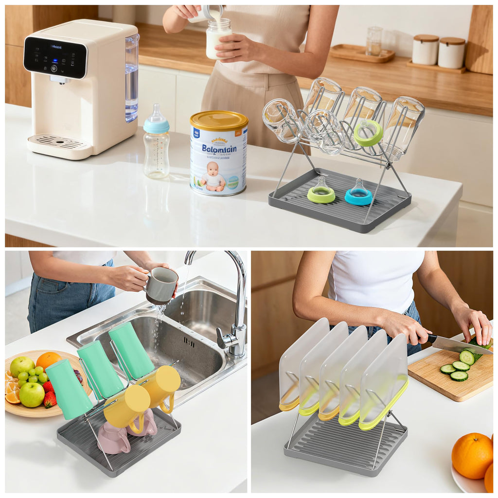 Bottle Drying Rack, Stainless Steel Foldable Water Bottle Drying Rack Organizer with Drain Tray for Baby Bottles