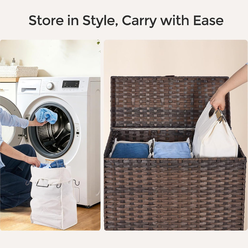 130L Wicker Laundry Hamper with Lid, 3-Section Laundry Basket | 3 Removable Liner Bags; 4 Included Mesh Laundry Bags;