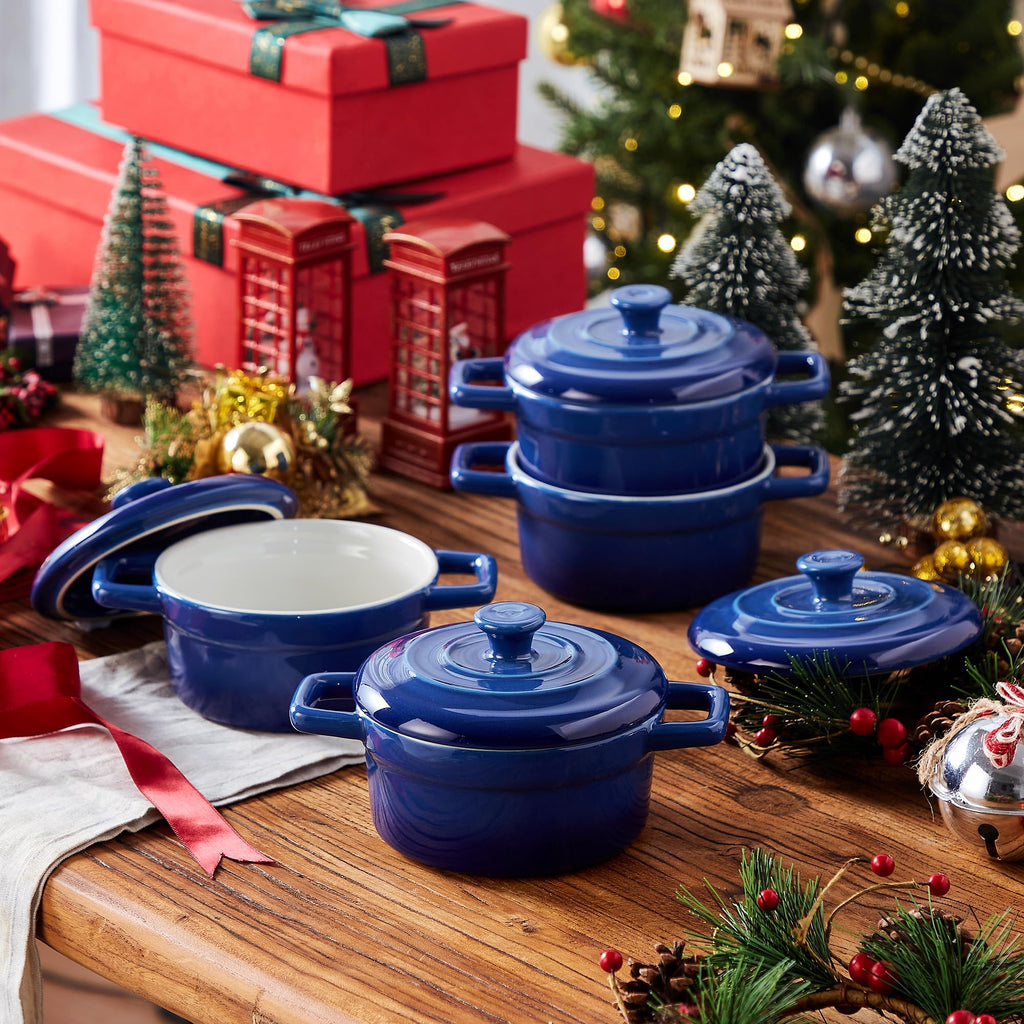 Mini Cocotte 12oz Ceramic Casserole Dish Set with Lid, Blue