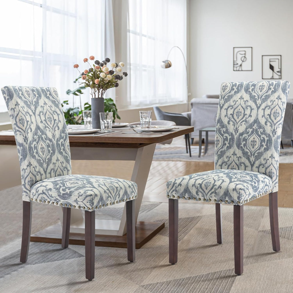 Upholstered Parsons Dining Chairs Set of 2, Fabric Dining Room Kitchen Side Chair with Nailhead Trim and Wood Legs