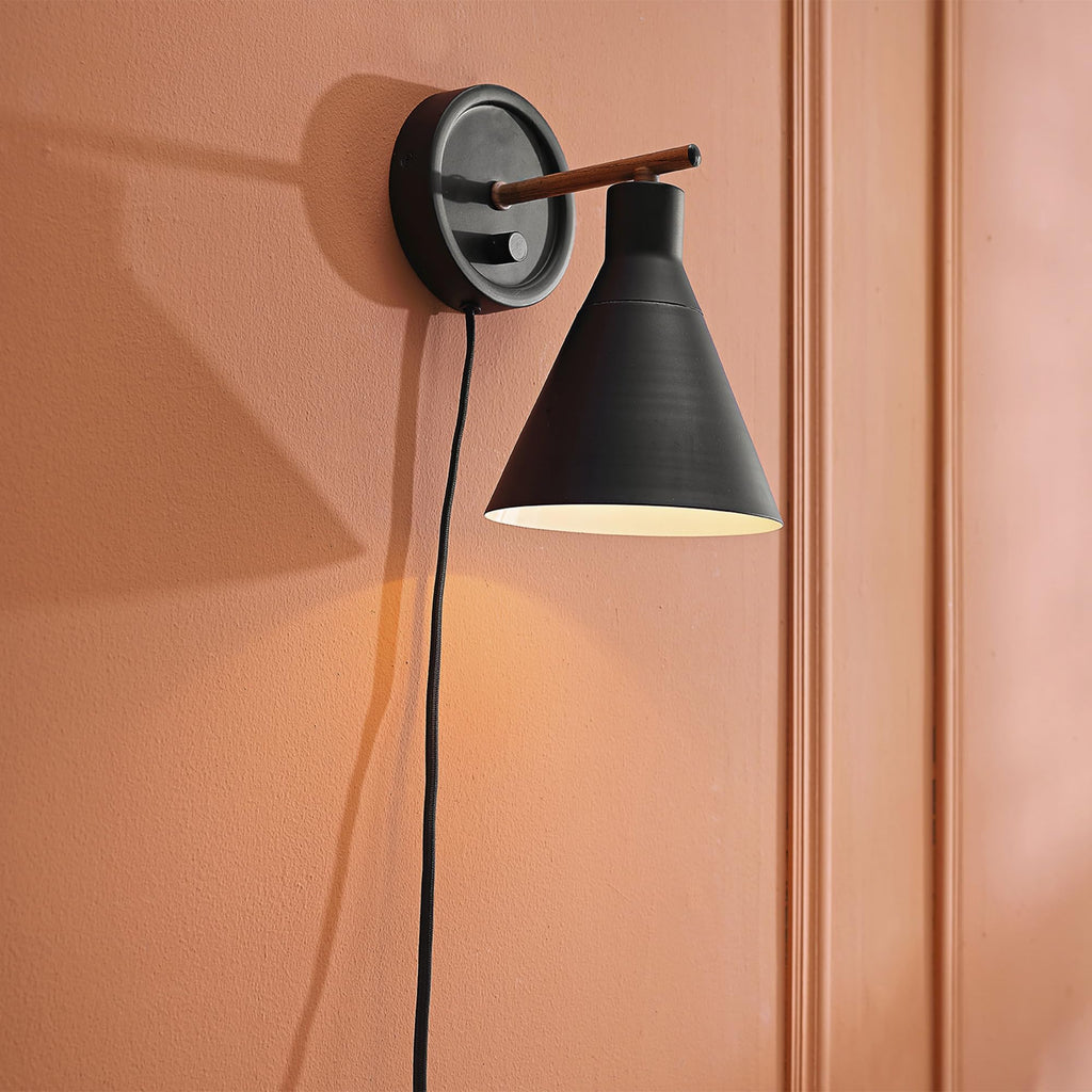 Dimmable Plug-in or Hardwire Wall Sconce, Matte Black, Faux Walnut Accent, Stepless Dimming Rotary Switch on