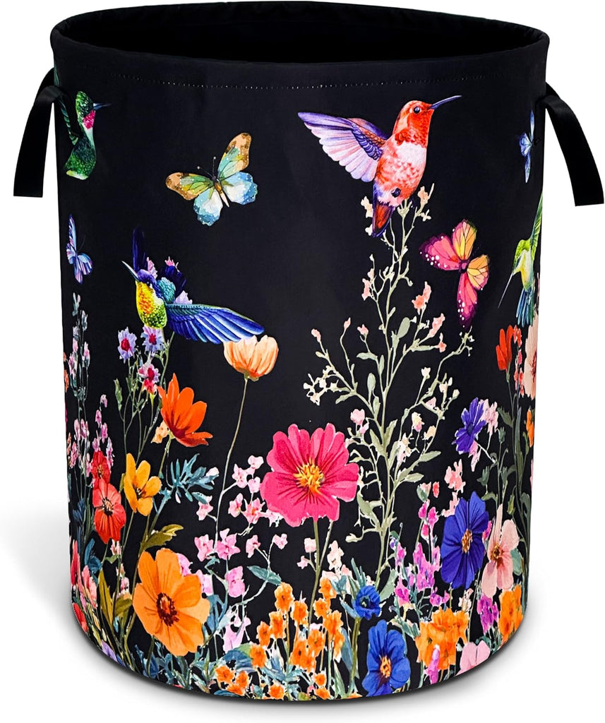 Hummingbird Flowers Laundry Basket Oxford Cloth Butterflies Laundry Hamper | With Handle Foldable Portable Clothes