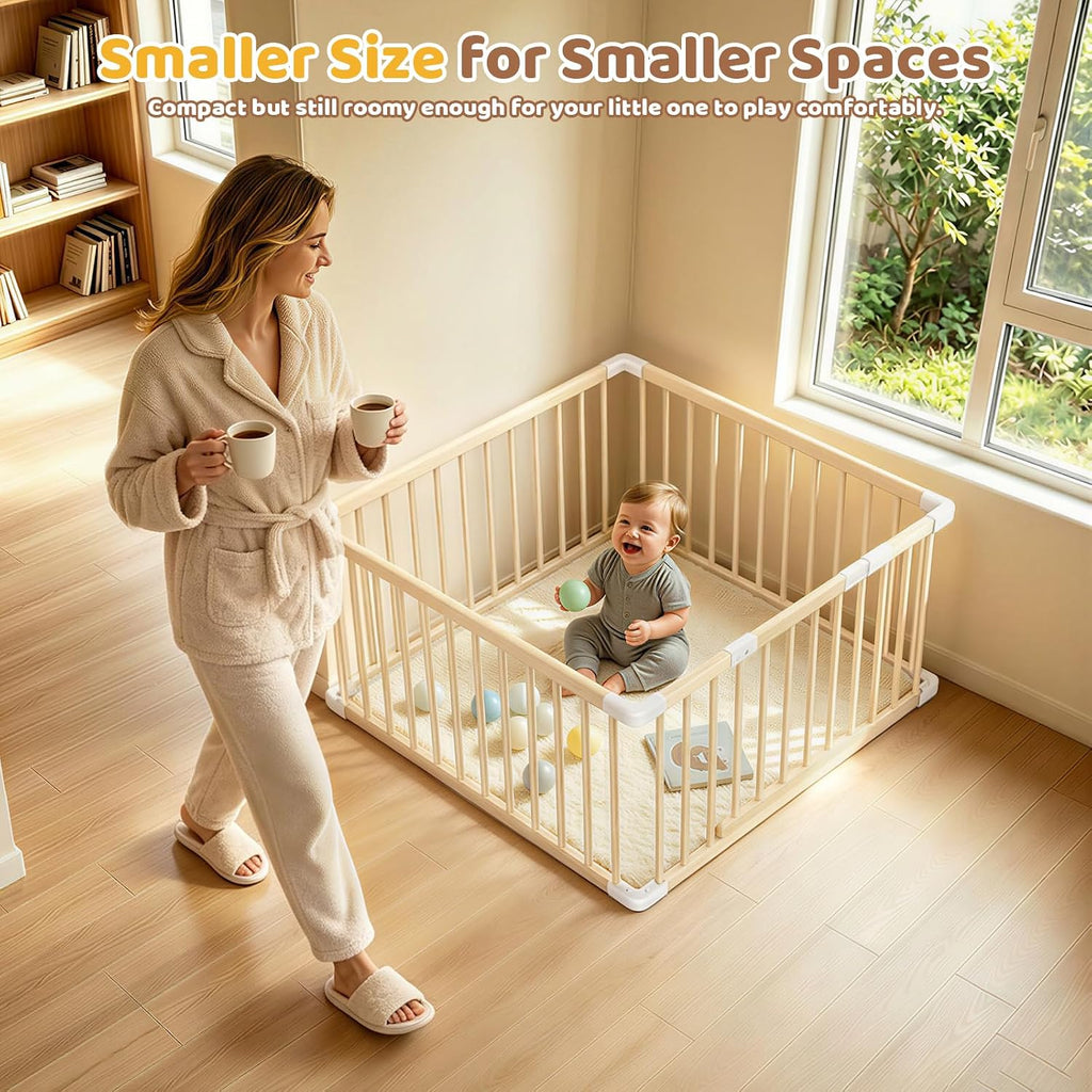 Small Wooden Baby Playpen, 36x36x24 Inch with Dual-Lock Safety Gate | Easy Assembly Activity Center, Space-Saving