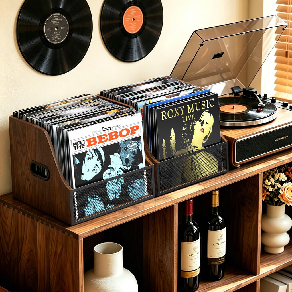 Vinyl Record Storage, Wooden Crate ‌Vinyl Holder with 2 Dividers
