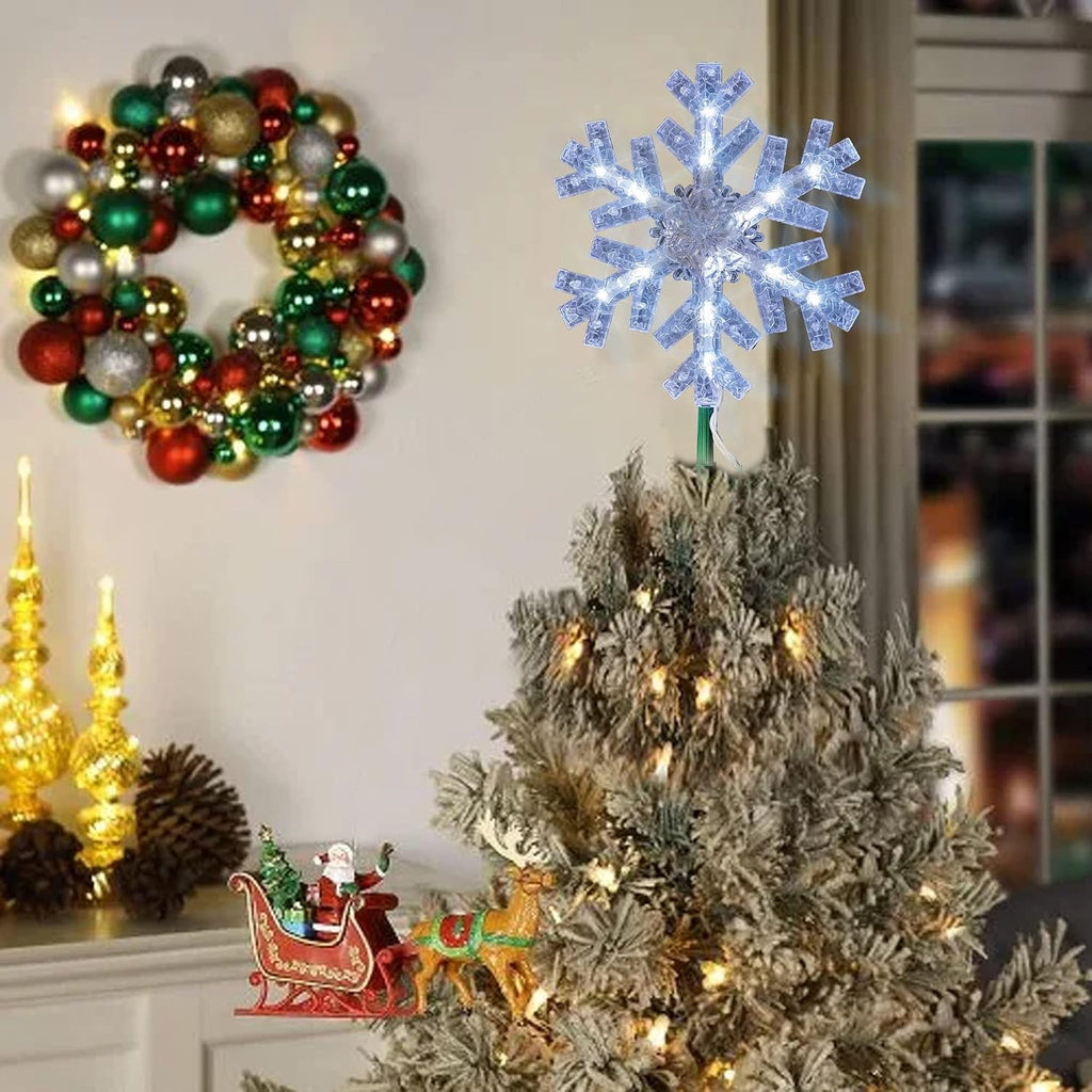 Snowflake Christmas Tree Topper, 9 inch Christmas Tree Topper Ornament with 15 White LED Lights, Lighted Tree Topper