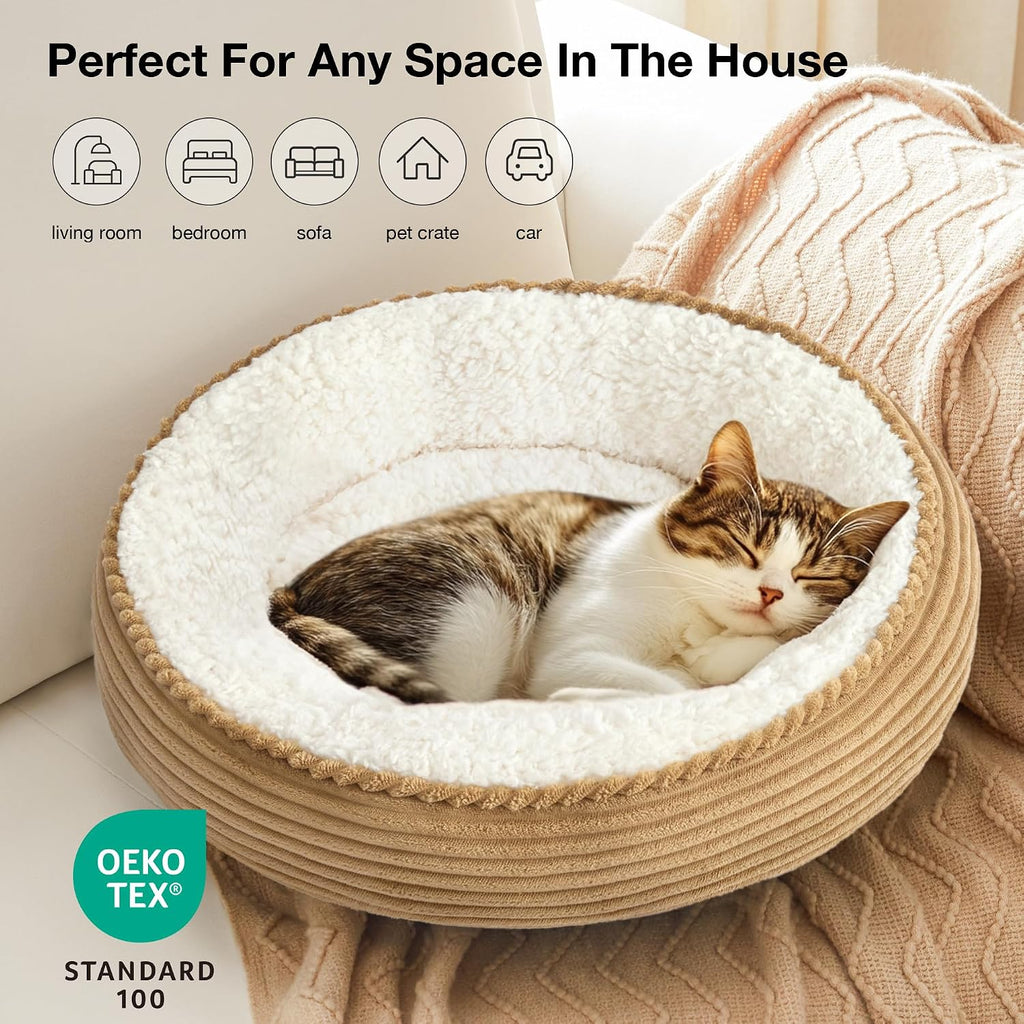 Round Donut Cat and Dog Cushion Bed, 20in Pet Bed for Cats or Small Dogs, Anti-Slip & Water-Resistant Bottom, Super