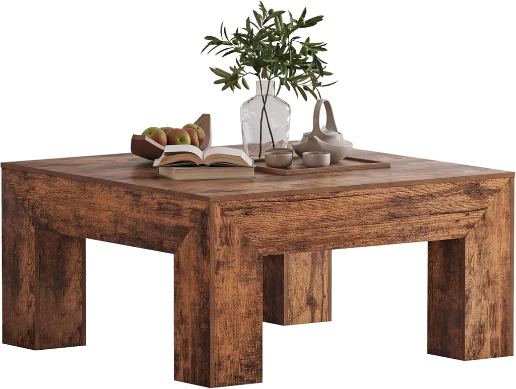 Wooden Square Coffee Table,35.5 inch Farmhouse Low Cocktail with Thick Base (Rustic Brown)