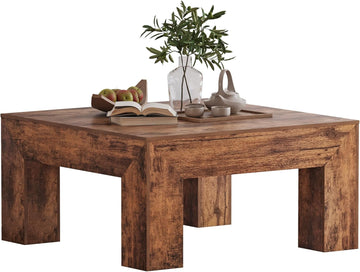 Wooden Square Coffee Table,35.5 inch Farmhouse Low Cocktail with Thick Base (Rustic Brown)