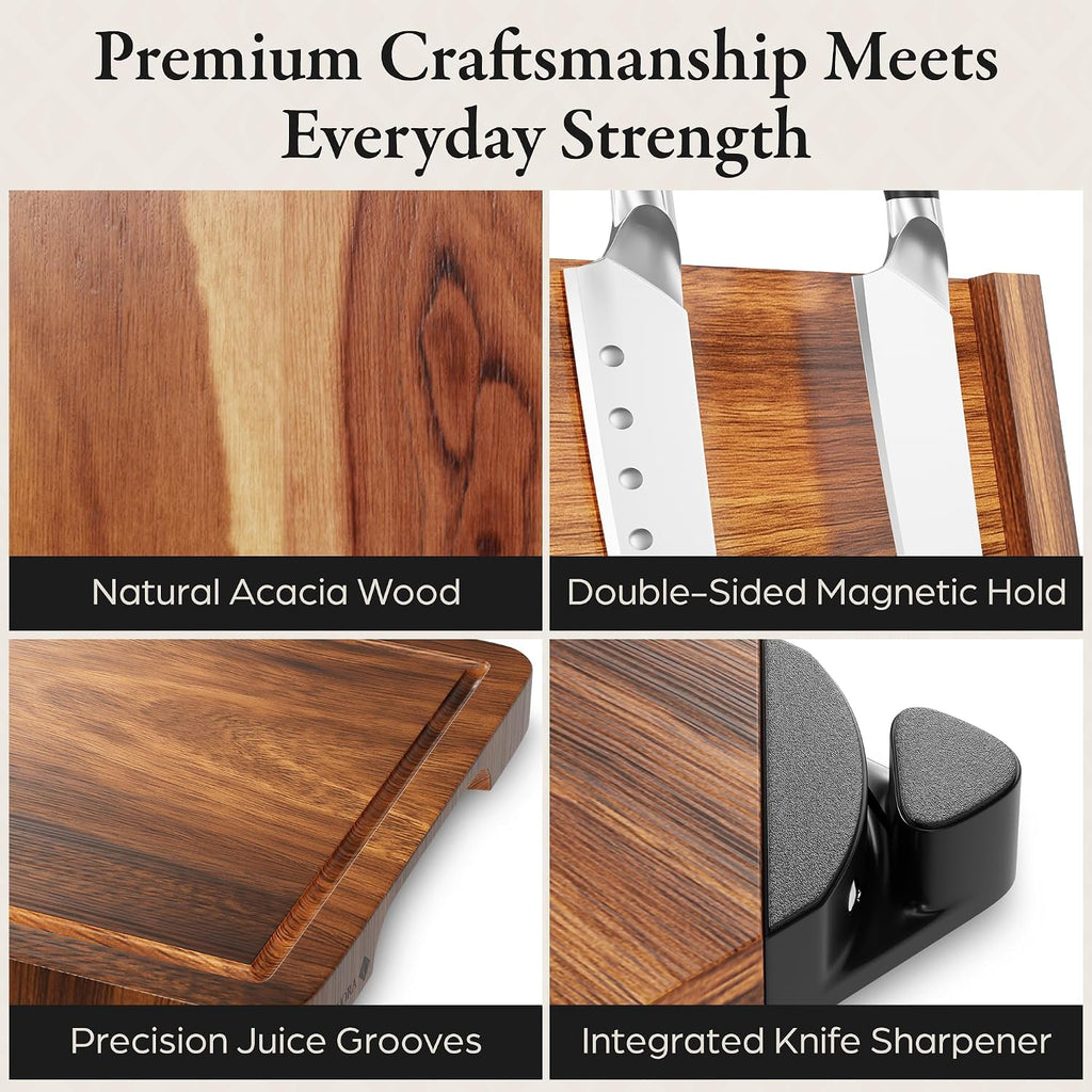 3 in 1 Magnetic Knife Block Stand, 14"x10" Cutting Board, Knife Sharpener - Wooden Magnetic Knife Holder - Acacia