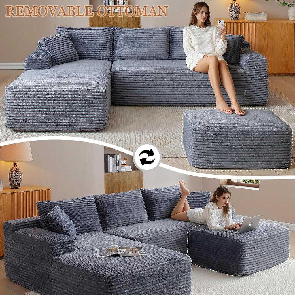 108" Cloud Sectional Couch, Modern Boneless Couch with Chaise, Deep Seat Modular Sectional Sofa Corduroy Foam Couches