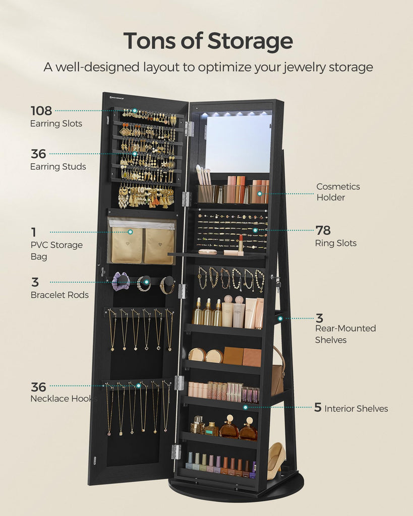 LED Mirror Jewelry Cabinet Standing, Adjustable Lights, Lockable