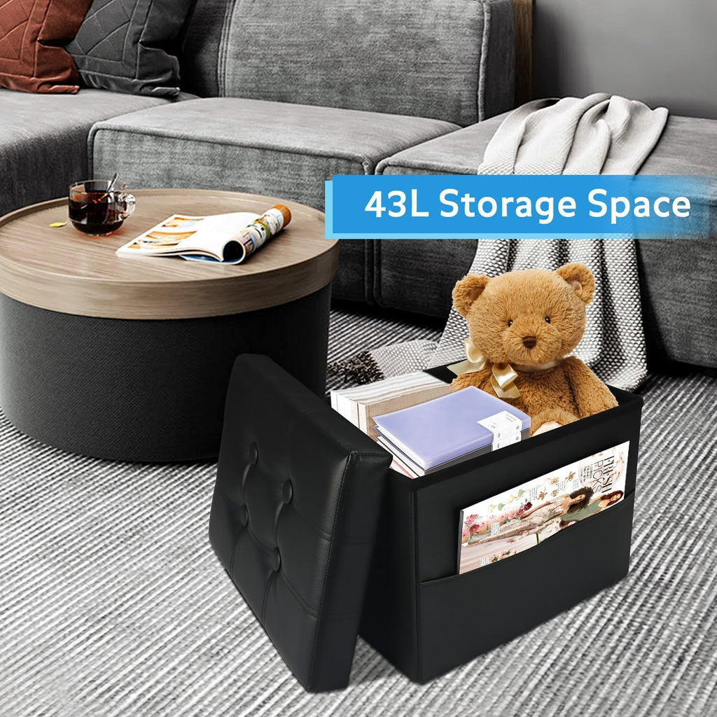 2PC Ottoman with Storage, 17" Leather Folding Foot Rest Stool, Black