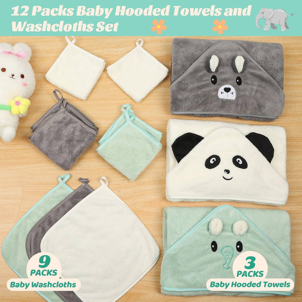 12 PCS Baby Towels Set, 3 PCS Baby Bath Towels & 9 PCS Washcloths Set, Animal Hooded Baby Towels for Infants