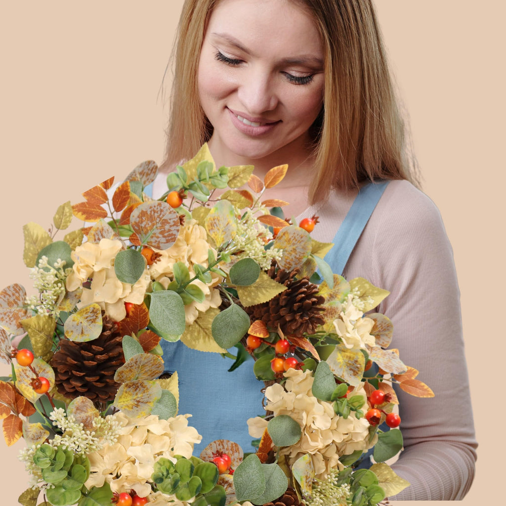 22 in Fall Hydrangea Wreath with Eucalyptus, Pinecones Orange Berries Perfect Autumn Door Wreath for Thanksgiving