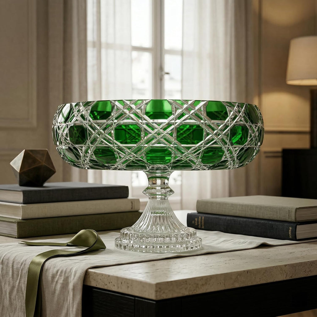 Verdura Emerald Cut Crystal Footed Bowl - Handcrafted Wide Centerpiece Compote - Luxury Green Glass Decorative Fruit