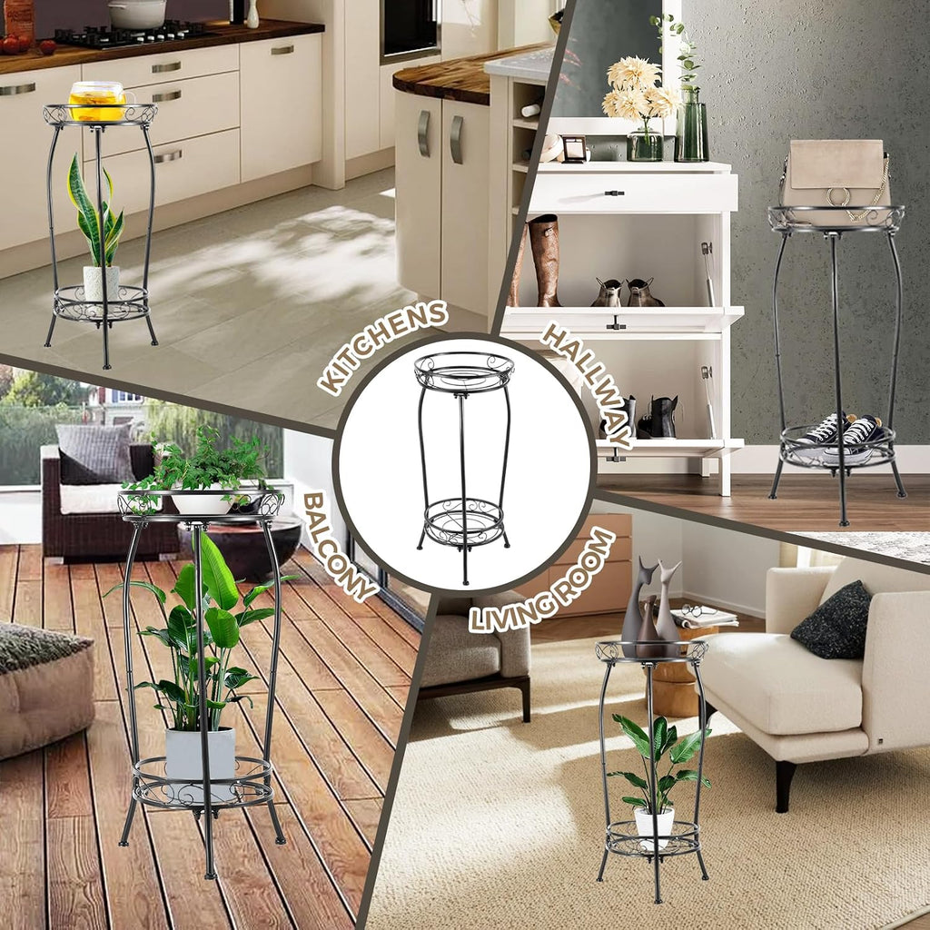 Plant Stand Indoor Outdoor, Tall Black Metal, 2 Tier 27.1 Inch | Rustproof Metal, Stable 3-Leg Base, Heavy Duty 100