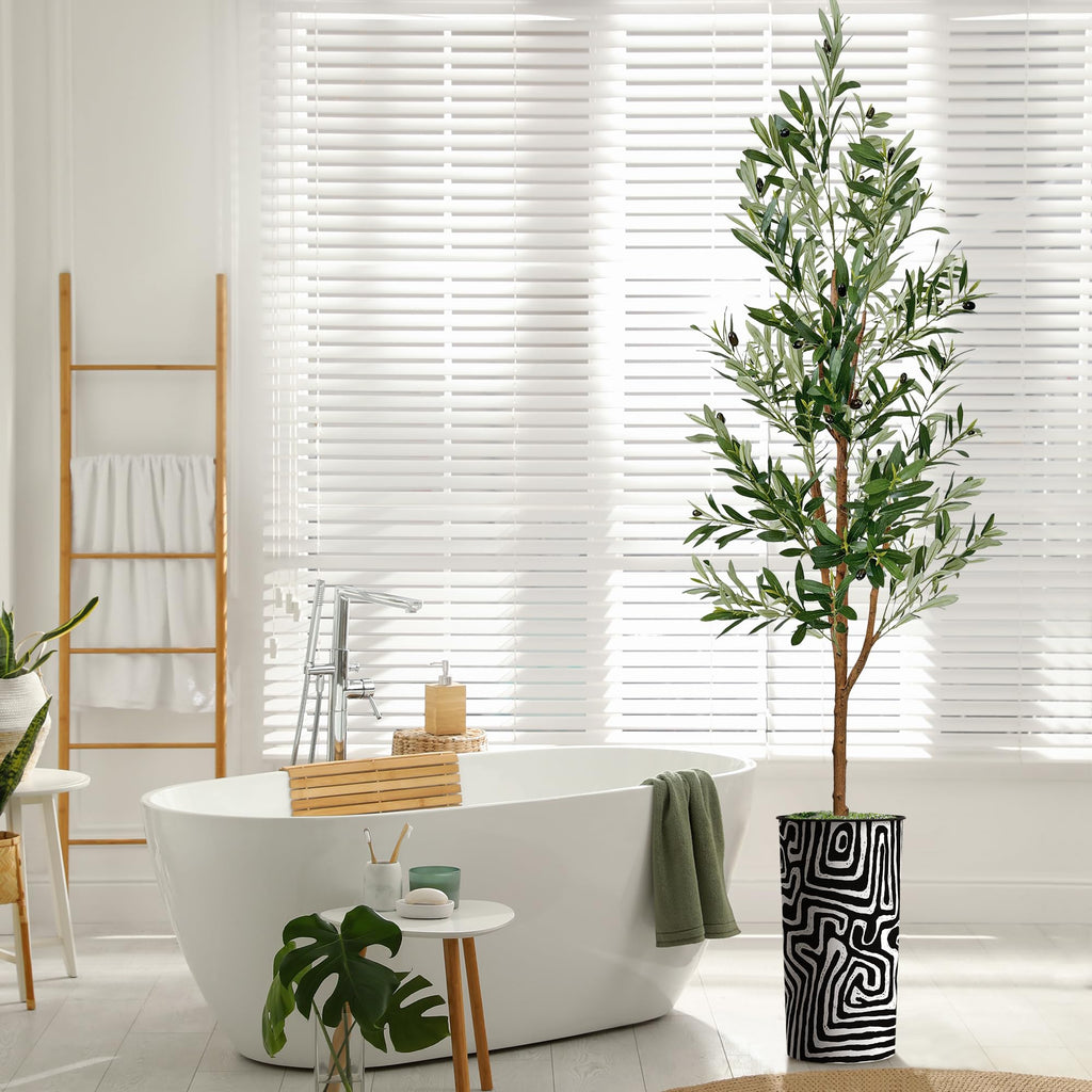 Artificial Tree in Modern Geometric Pattern Planter, Fake Olive Silk Tree for Indoor and Outdoor Home Decoration