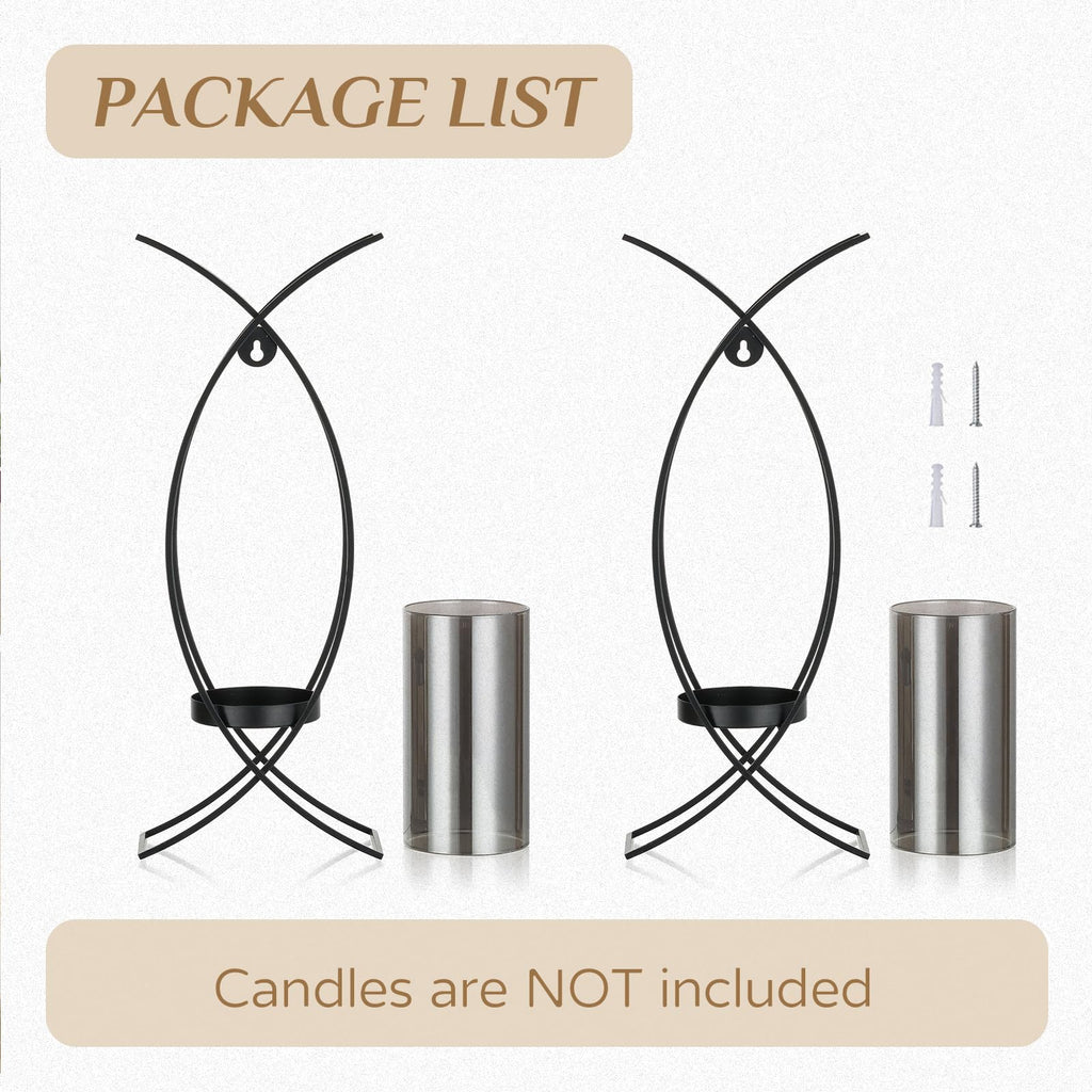 Black Metal Wall Candle Sconces Set of 2 with Glass Hurricanes
