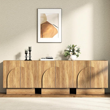 Natural Sideboard Buffet Cabinets with Storage, Modern Coffee Bar Cabinets Credenza with Arched Doors, Farmhouse