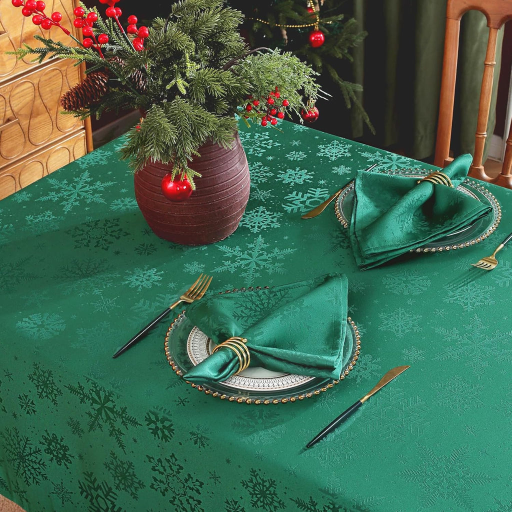 Christmas Green Tablecloth Rectangle, Jacquard Spill Proof Table Cloth with Snowflake Patterns, Dama