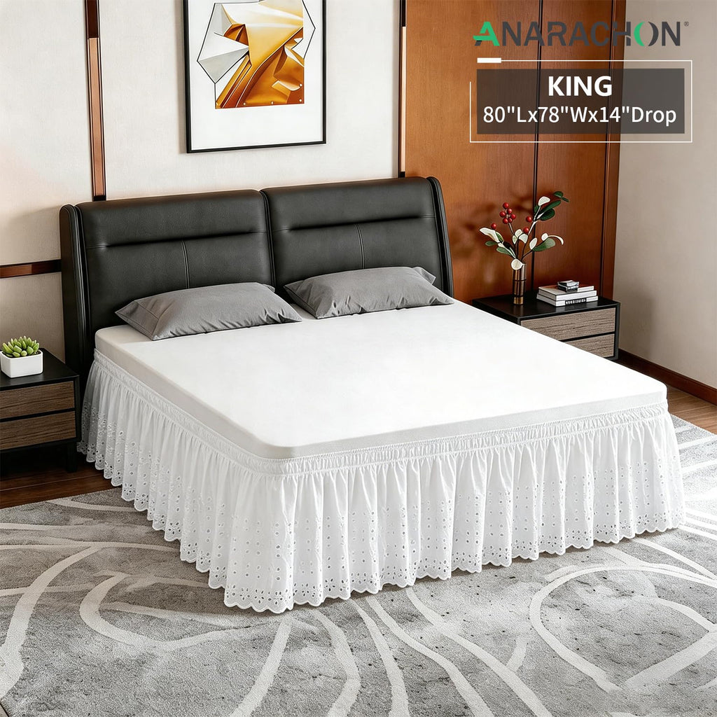 King Bed Skirt, Wrap-Around Elastic Ruffled Eyelet Bed Skirt King Size Dust Ruffle with Gathered Styling and