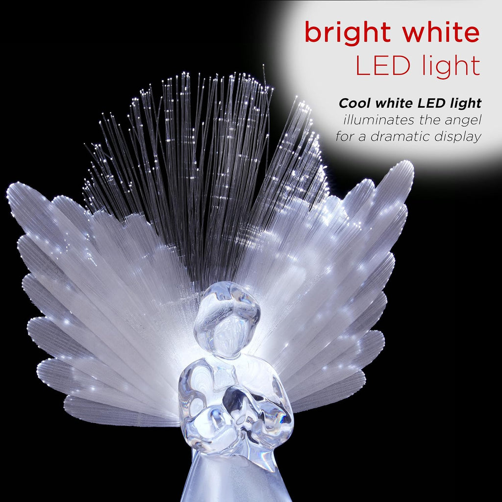 11" Tall Angel Tree Topper with Fiber Optic Wings and LED Light, with Timer Function, Durable Plastic, and Radiant