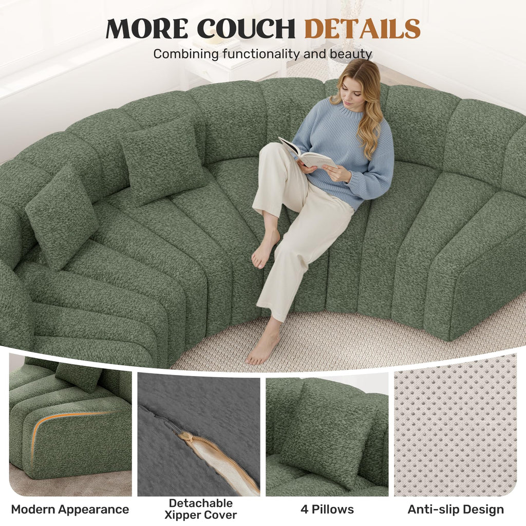 Oversized Curved Cloud Couch, 6 Seater Modern Modular Sectional Sofa, Convertible Boneless Couches, No Assembly
