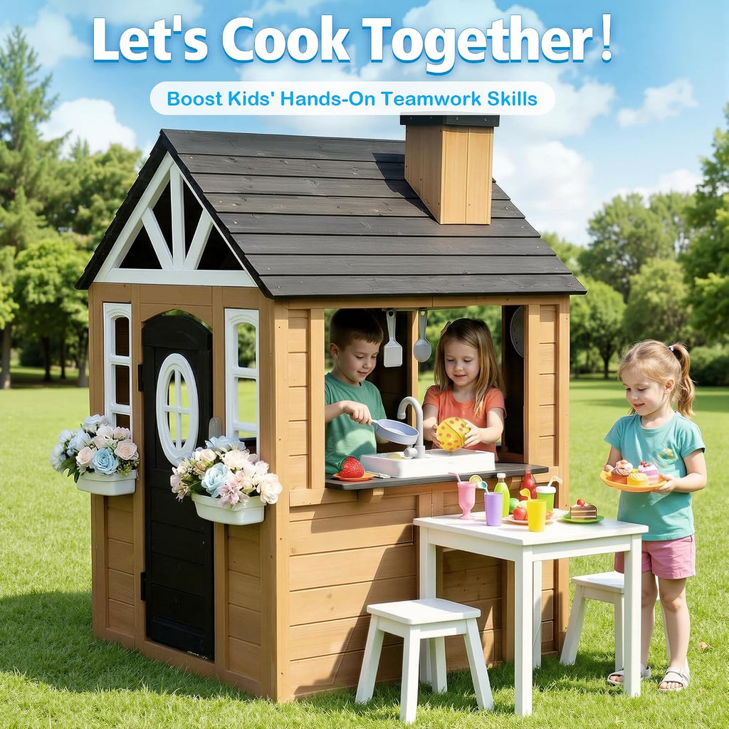 Kids Outdoor Playhouse, 9-in-1 Cedar Wooden Playhouse with Kitchen Set, Snack Bar, Dog Door, Working Doorbell, Toy
