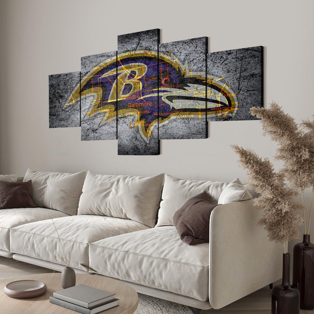 (100X175CM/5PCS) Framed Canvas Print Poster - Ravens emblem showing Baltimore city map - American football Wall Decor