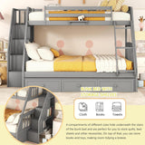 Wooden Twin Over Full Stairway Bunk Bed with Three Storage Drawer, Storage Staircase