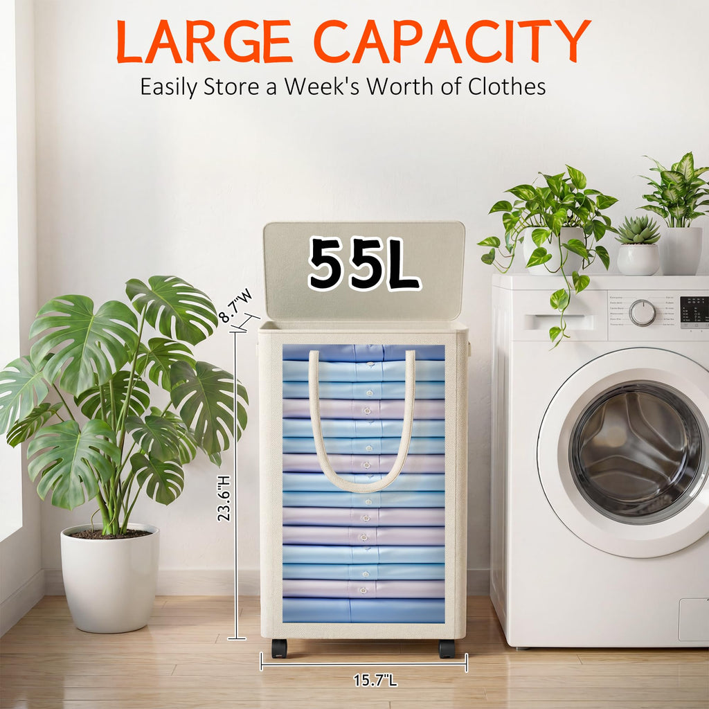 Slim Laundry Hamper with Wheels,15 Gal (55L) Rolling Laundry Basket with lid and wheels Clothes Hamper Foldable Tall