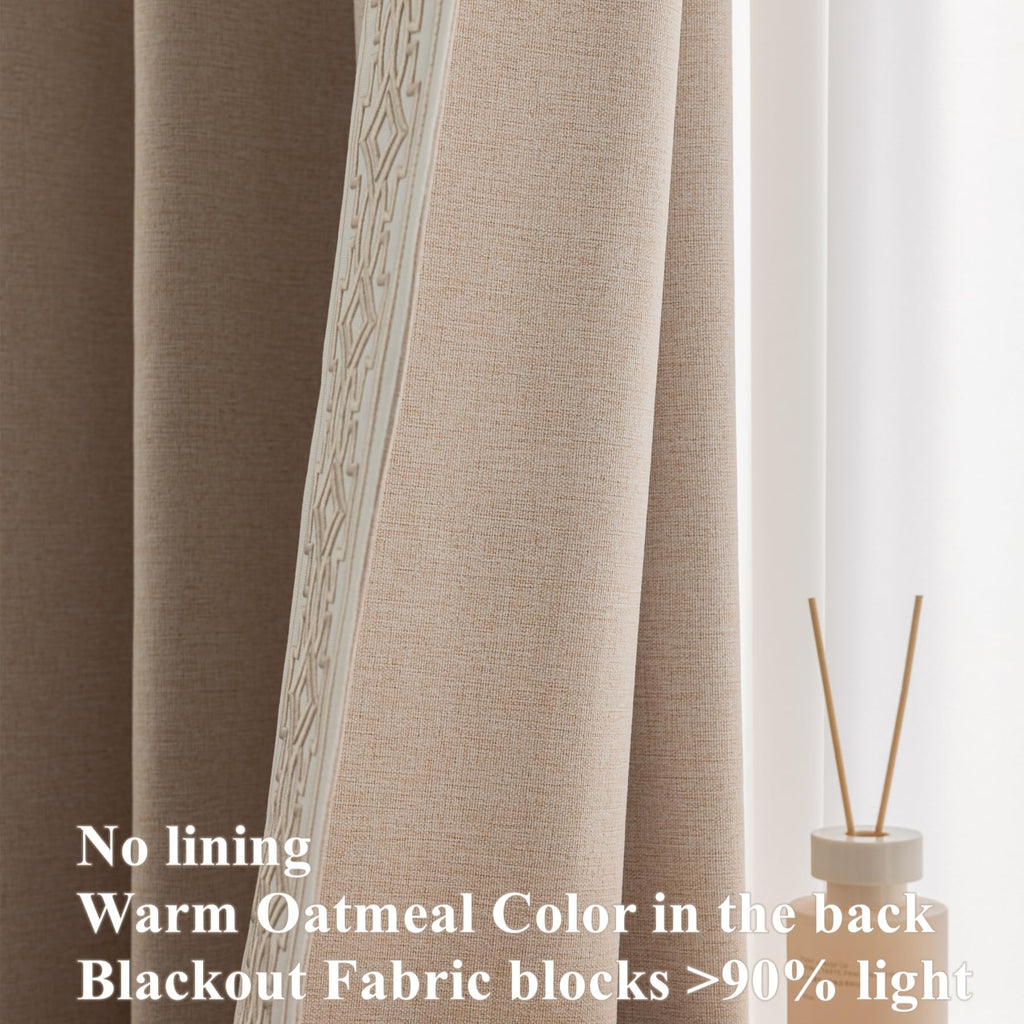Luxury Pinch Pleat Blackout Curtains - Textured Embroidery Trim, Soft Beige, Linen Blend, Memory Trained (50" W x 90"