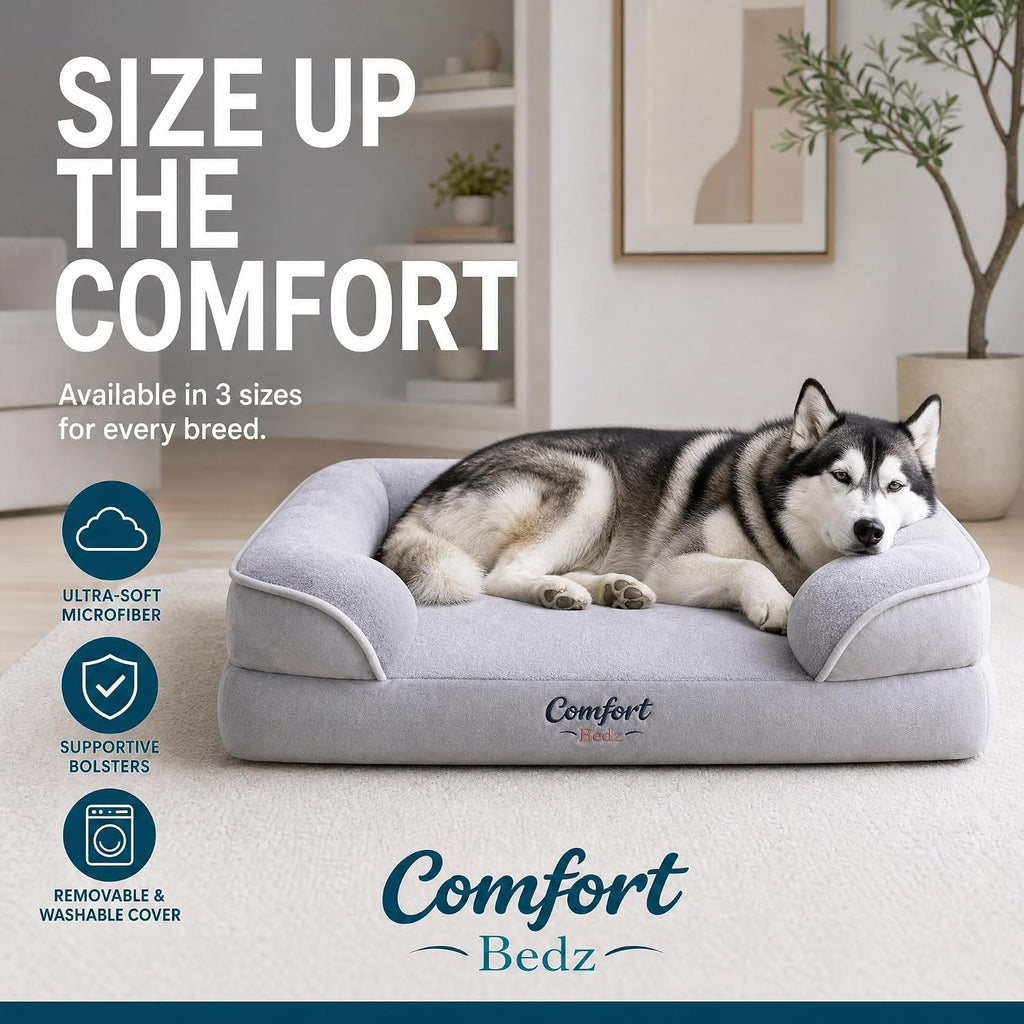 Orthopedic Dog Sofa Bed, Gray, Plush, Raised Bolsters, Supportive Foam, for Dogs (Large)
